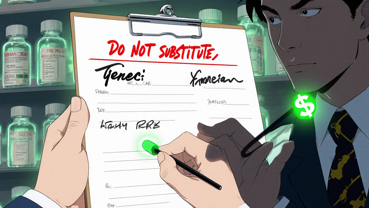 Doctor signing prescription with &#039;Do Not Substitute&#039; written in red, corporate lobbyist pulling brand pill away.