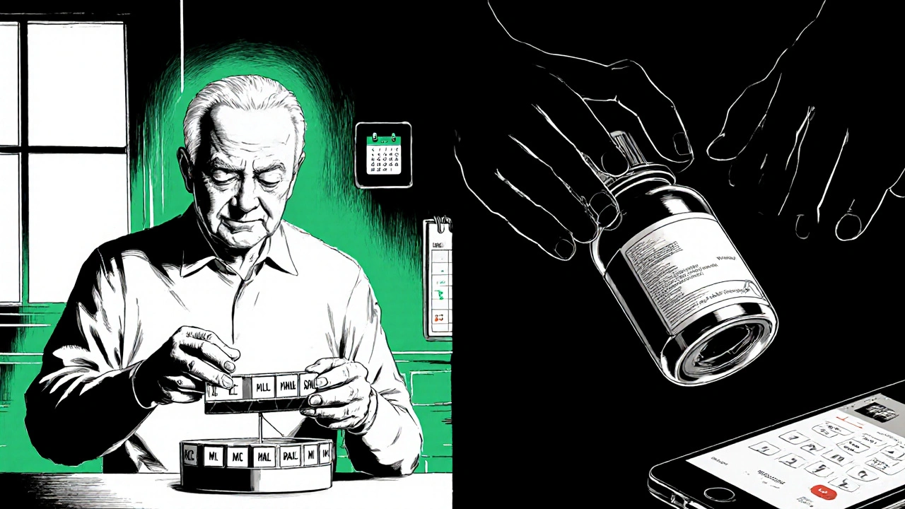 Elderly man using pill organizer beside neighbor&#039;s mislabeled bottle in dim home lighting.