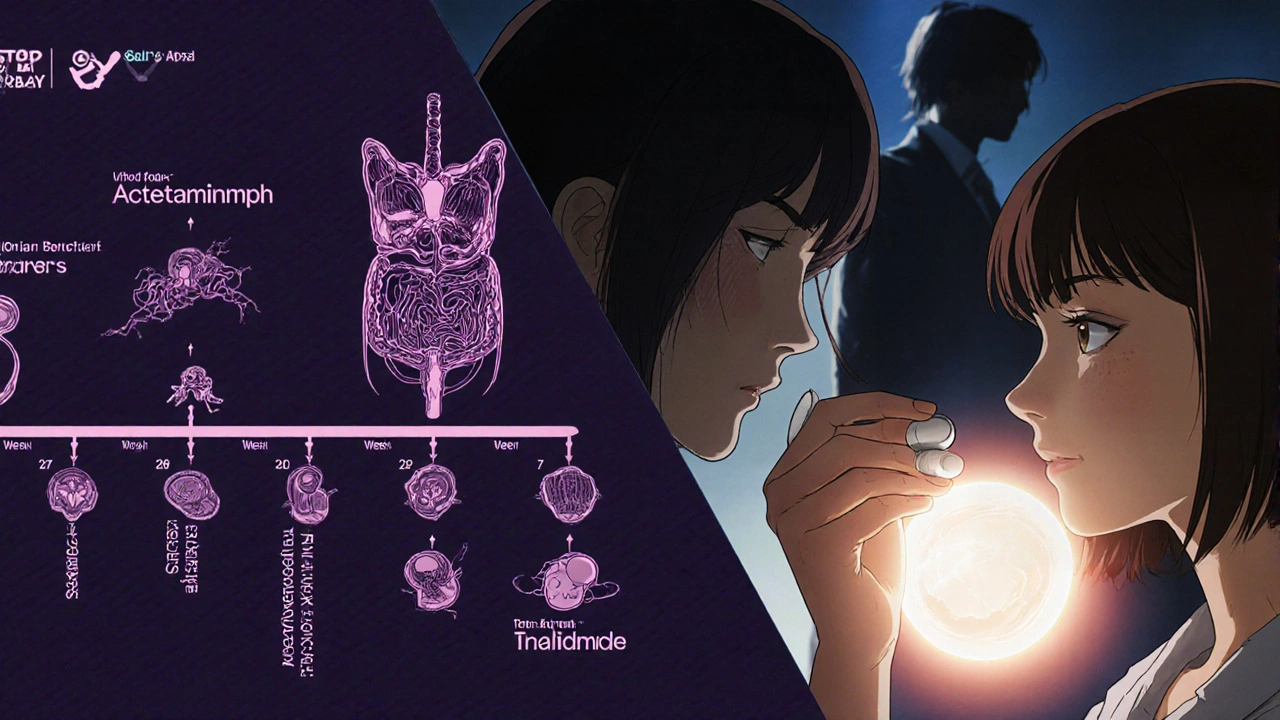 Fetal development timeline on one side, mother safely taking acetaminophen on the other, protective aura around baby.