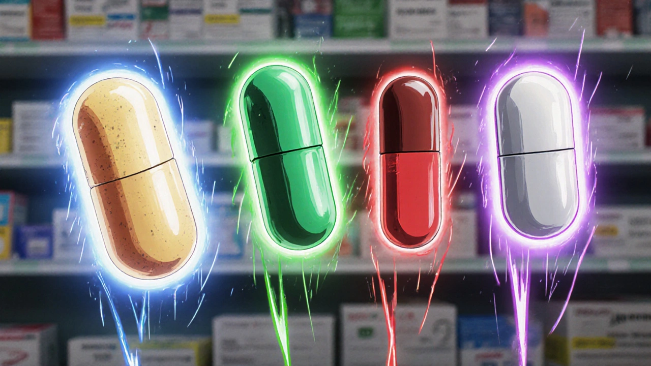 Four ED medications floating with colored auras representing speed and duration differences.