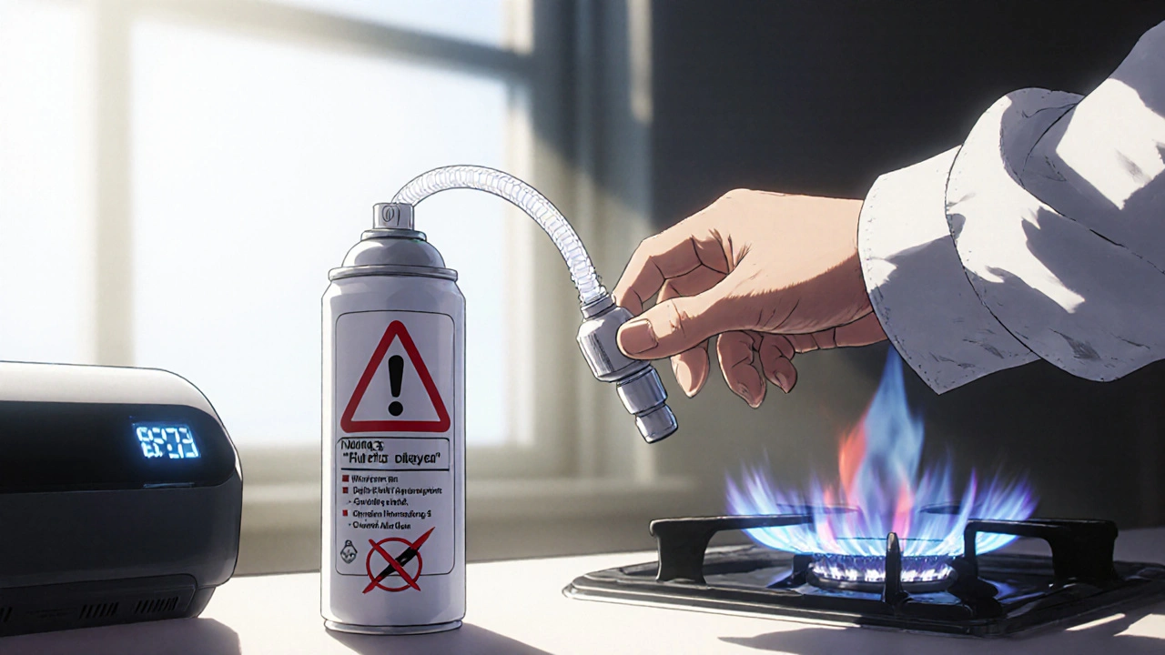 Hand replacing oxygen tubing with cotton pajamas, warning label on aerosol can, smart concentrator glowing with alert.