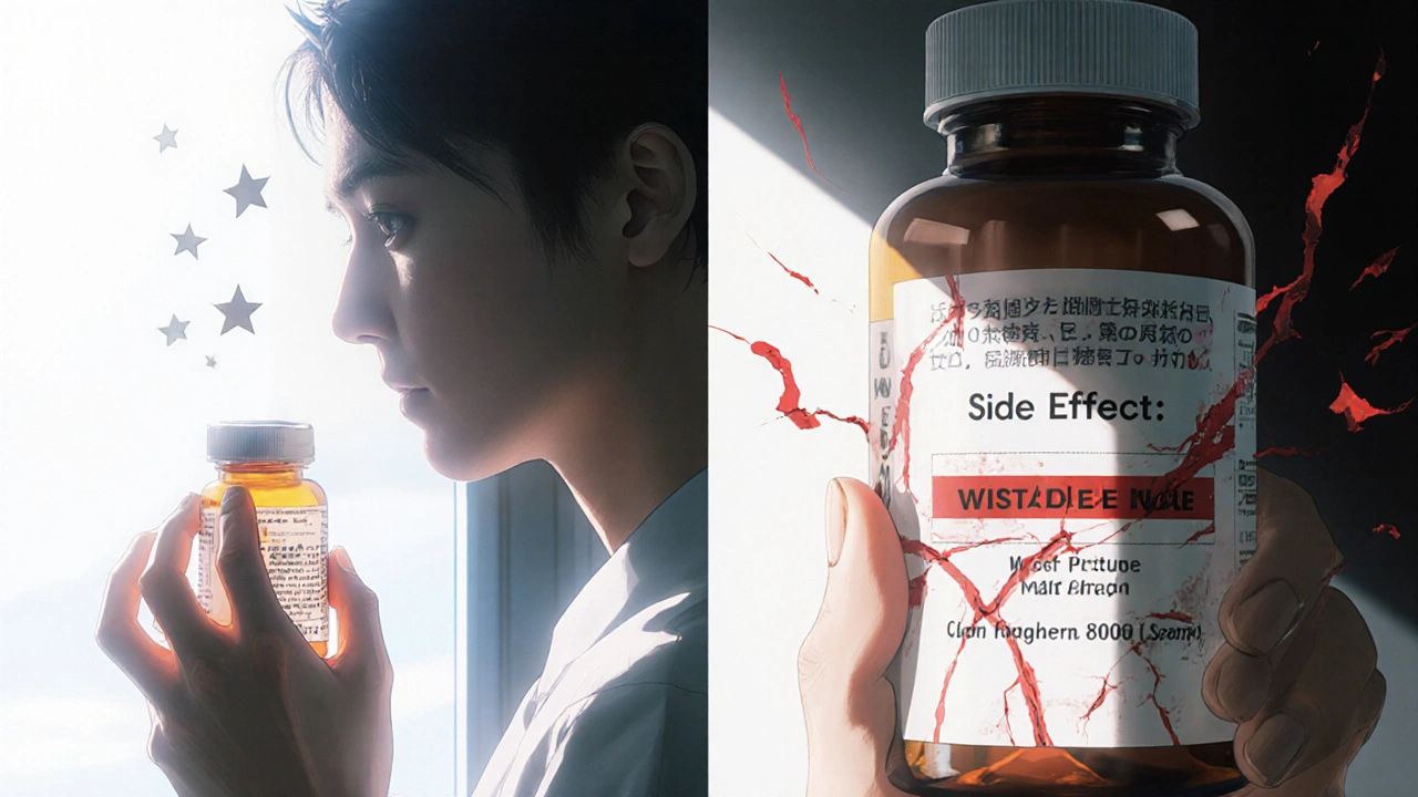 Patient&#039;s hand holding pill bottle with side effect stars on one side and error cracks on the other.