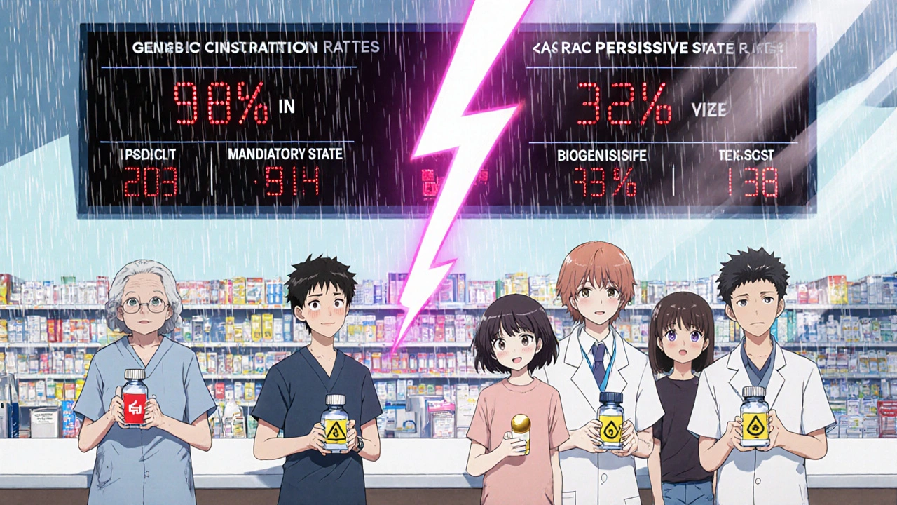 Patients at pharmacy counter with digital scoreboard showing generic substitution rates across states.
