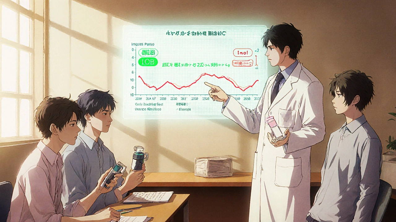 Patients in a clinic with digital IOB calculators overlaying their devices, a doctor explaining insulin timing on a timeline.