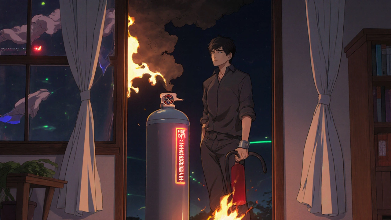 Person using fire extinguisher near oxygen fire, smart sensor flashing, firefighters arriving outside at night.