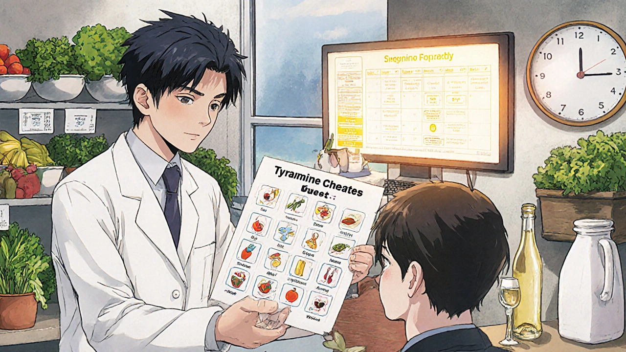 Pharmacist gives dietary guide to patient, with safe foods displayed and linezolid alert visible on screen.