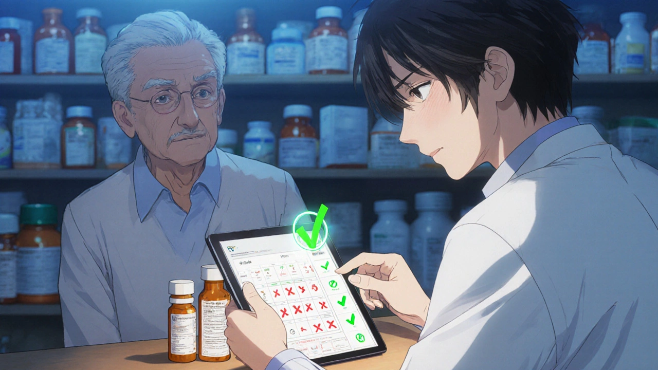 Pharmacist reviewing pill bottles and digital medication chart, red X&#039;s over duplicates, senior watching closely.