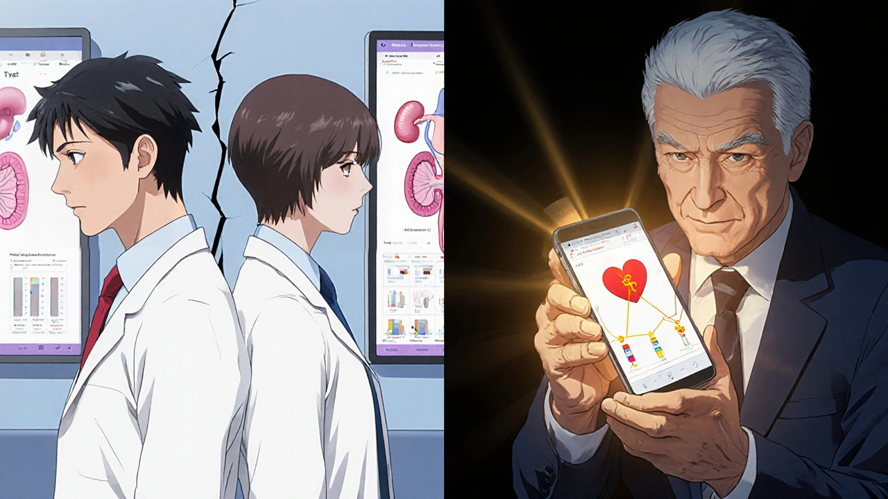 Split scene: doctors disconnected by wall vs senior with unified medication app glowing with connected threads.