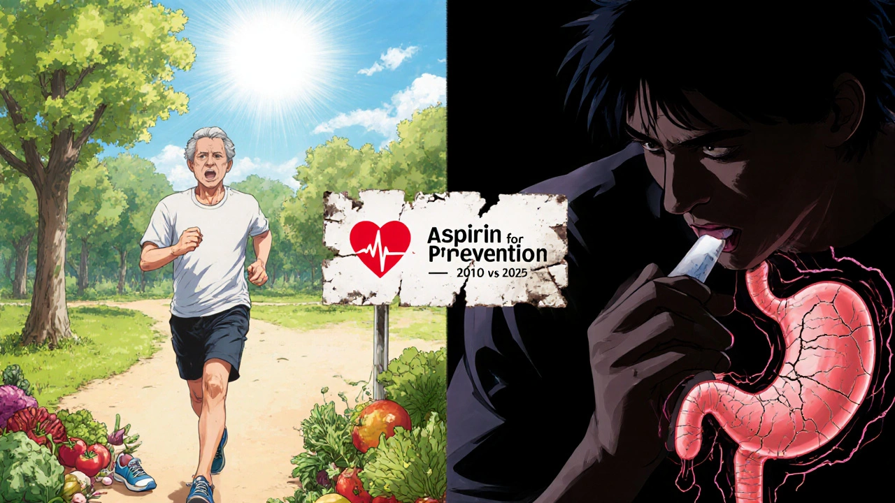 Split scene: healthy lifestyle on one side, aspirin risks on the other, medical timeline between.