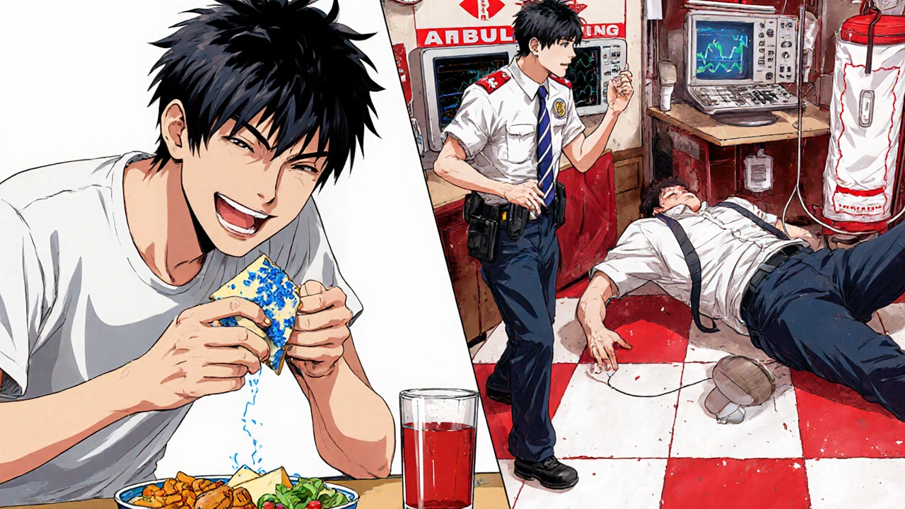 Split scene: man eating cheese happily on one side, collapsed with medical emergency on the other.