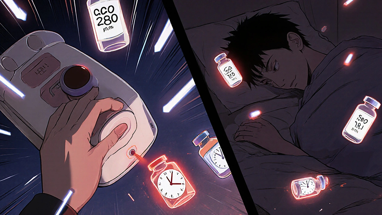 Split scene: person giving insulin at night versus waking up with dangerously low blood sugar, fading vials symbolizing stacked doses.