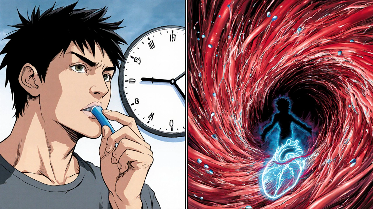 Split scene showing tadalafil and nitroglycerin use with glowing cGMP waves overwhelming blood vessels.