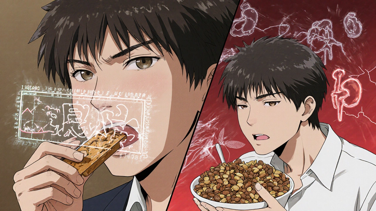 Split scene: sugary snack causes blood sugar spike vs. healthy meal with calm glucose levels.