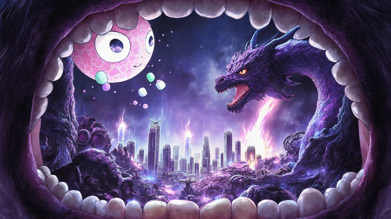 Surreal illustration of immune cells battling allergens inside the mouth, glowing with scientific energy.