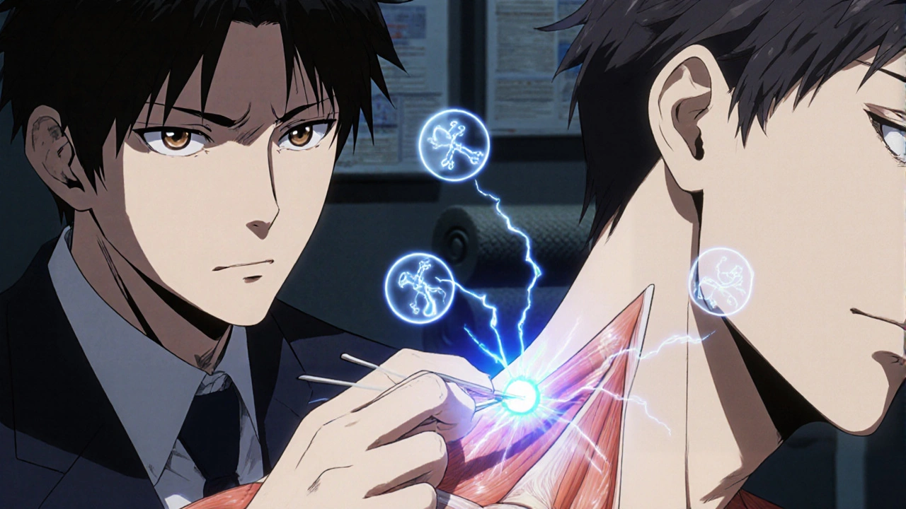 Therapist performing dry needling on upper back, with electric energy and muscle twitch visible.