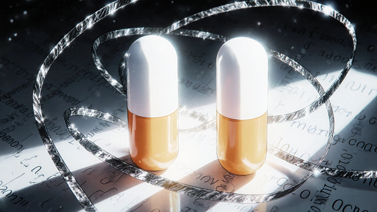 Two generic pills with glowing enzyme strands showing different release profiles.
