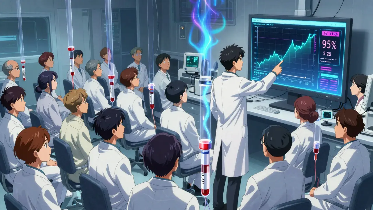 24 volunteers in a lab with glowing blood data streams and absorption graphs.