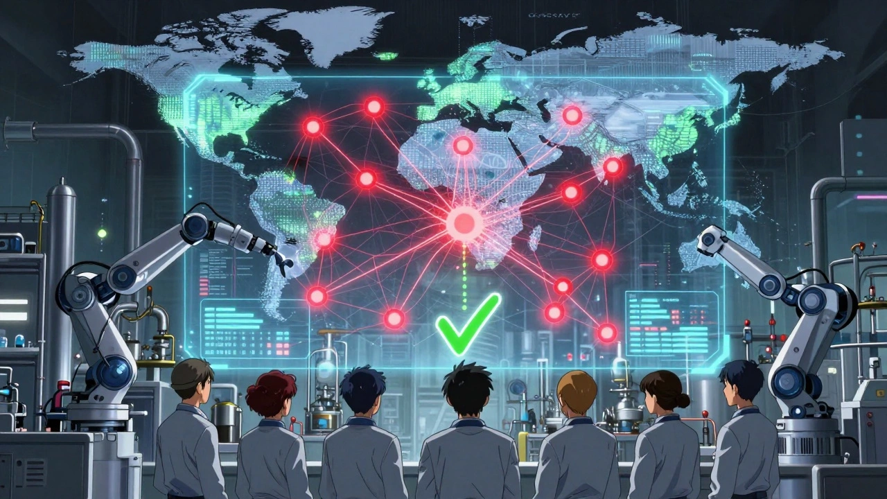 A digital twin system visualizing AI-driven quality control in a drug factory, with glowing data streams correcting errors.