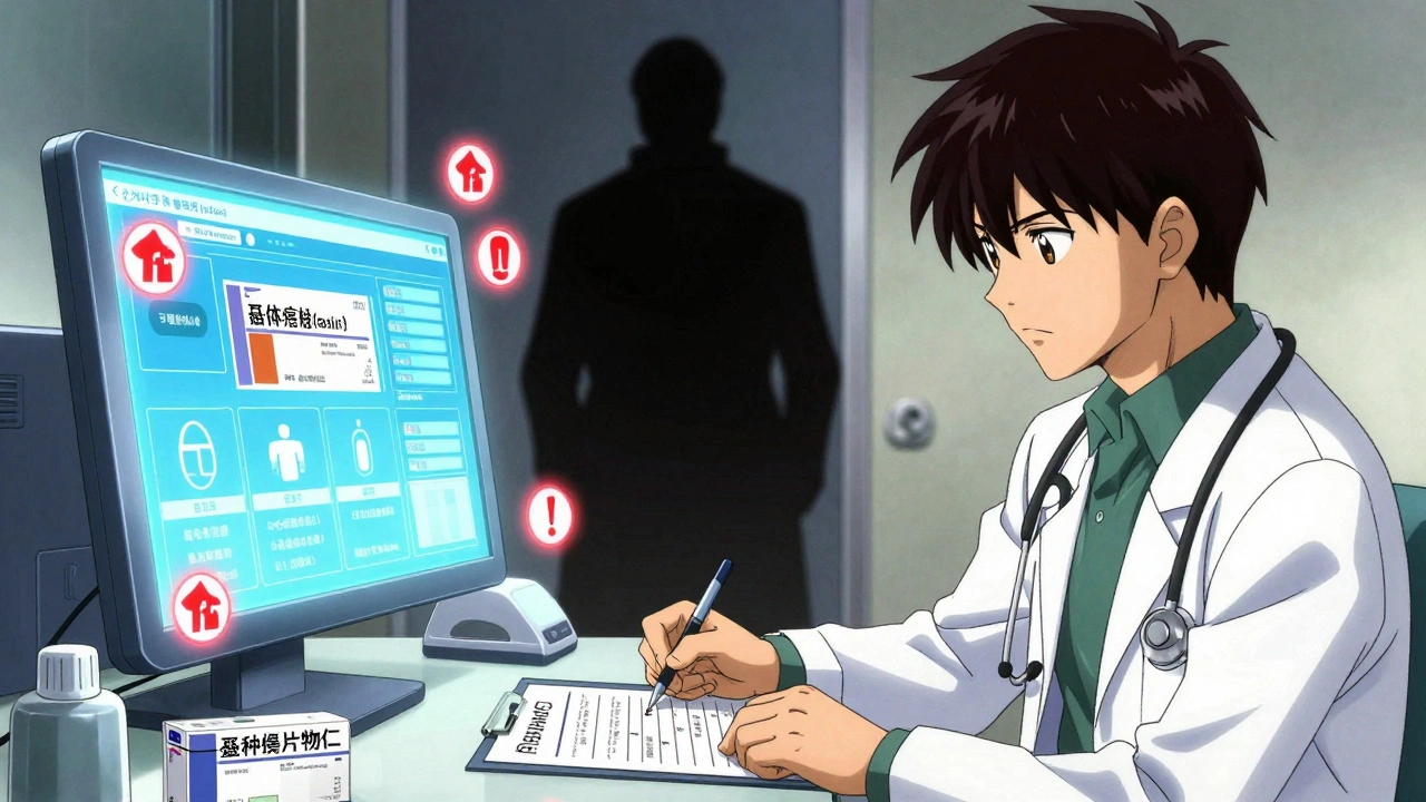 A doctor submitting prior authorization as a pharmacy system rejects a brand-name drug request.