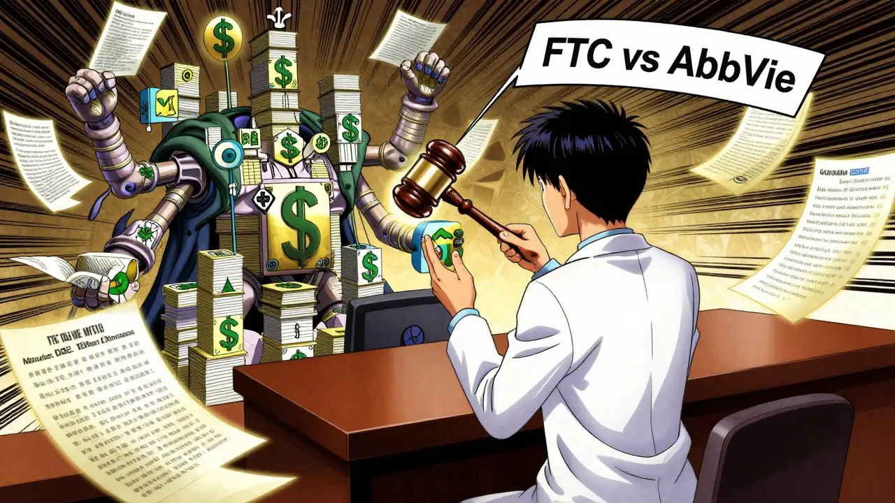 A generic drug maker facing a giant corporate entity made of patents in a tense courtroom scene.