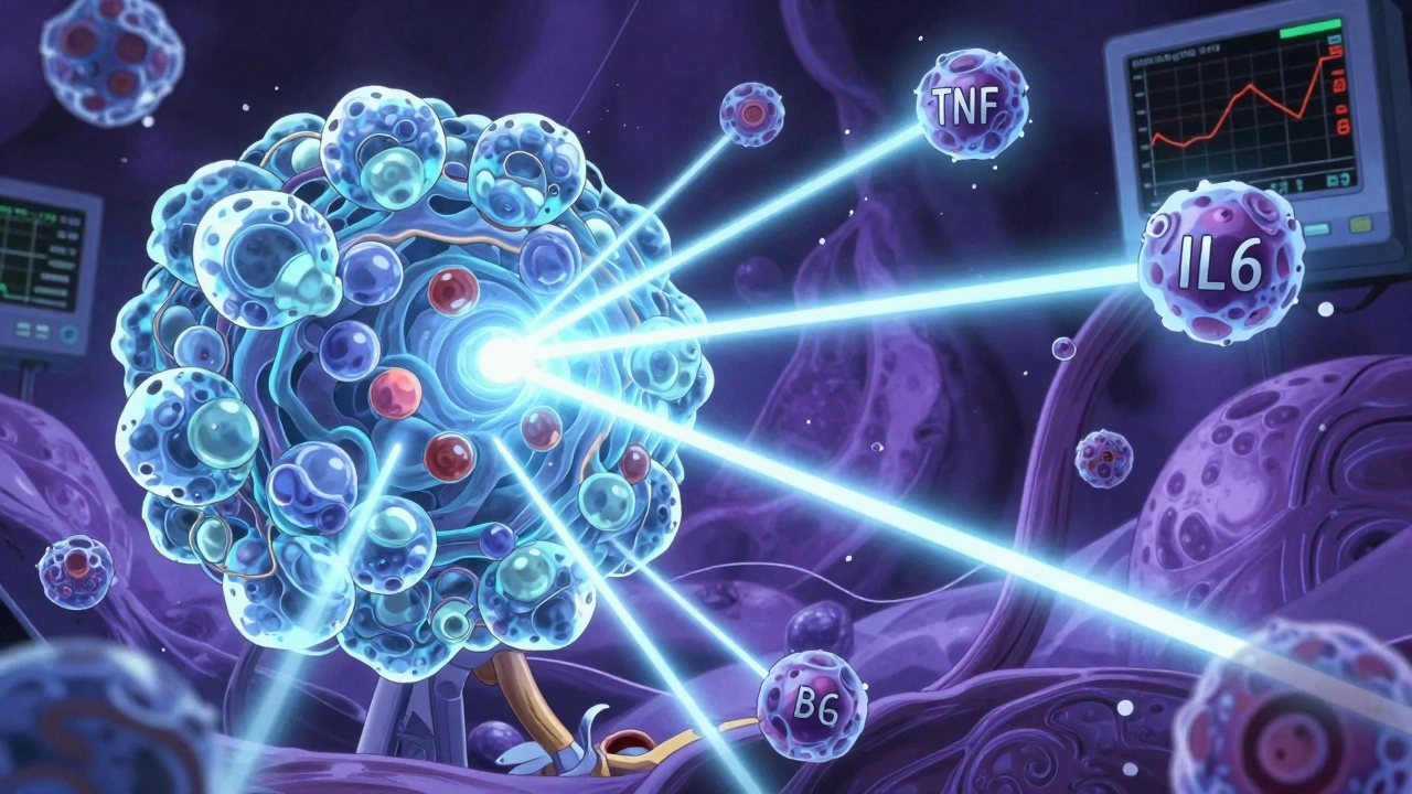 A giant protein molecule targeting specific immune cells inside a joint with laser precision.
