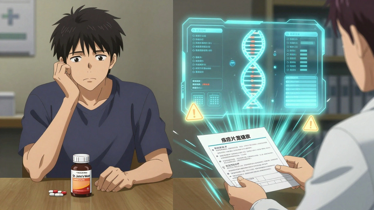 A man hesitates before taking a supplement while an AI-powered checker displays genetic and drug data with warning symbols.