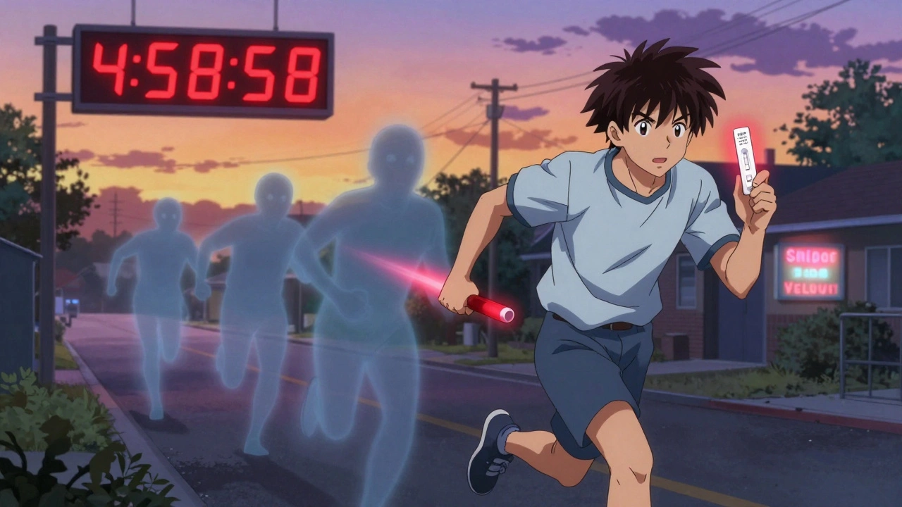 A patient running at dawn with a positive test, chased by ghostly antiviral drugs as a countdown clock ticks toward treatment deadline.