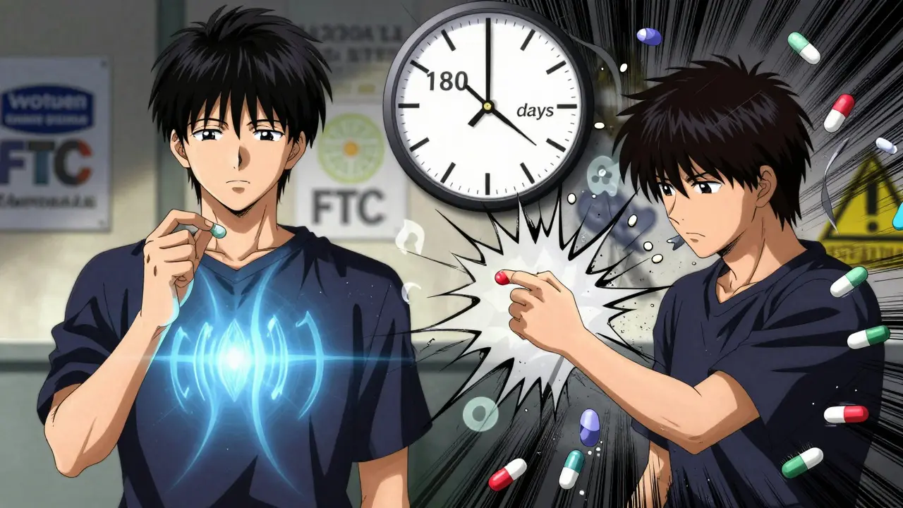 A patient split between two pill types — calm with authorized generic, chaotic with traditional generic.