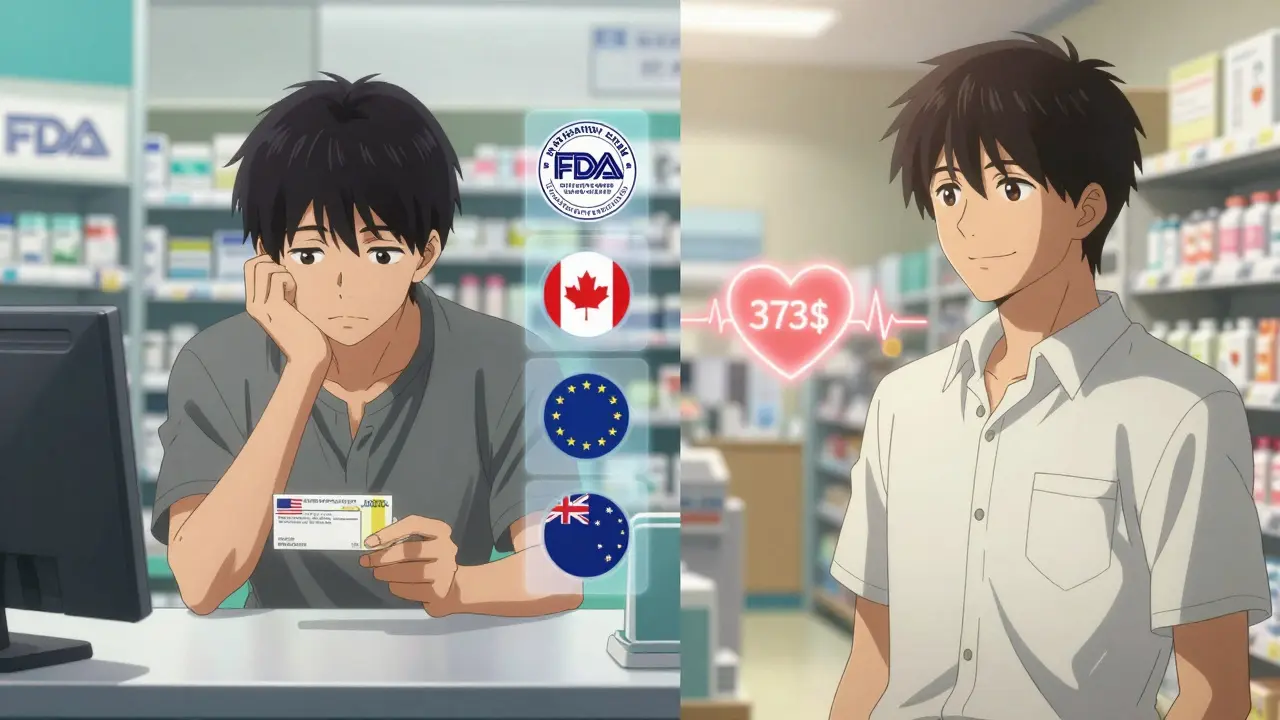 A patient transitioning from doubt to confidence with FDA seals and savings icons.