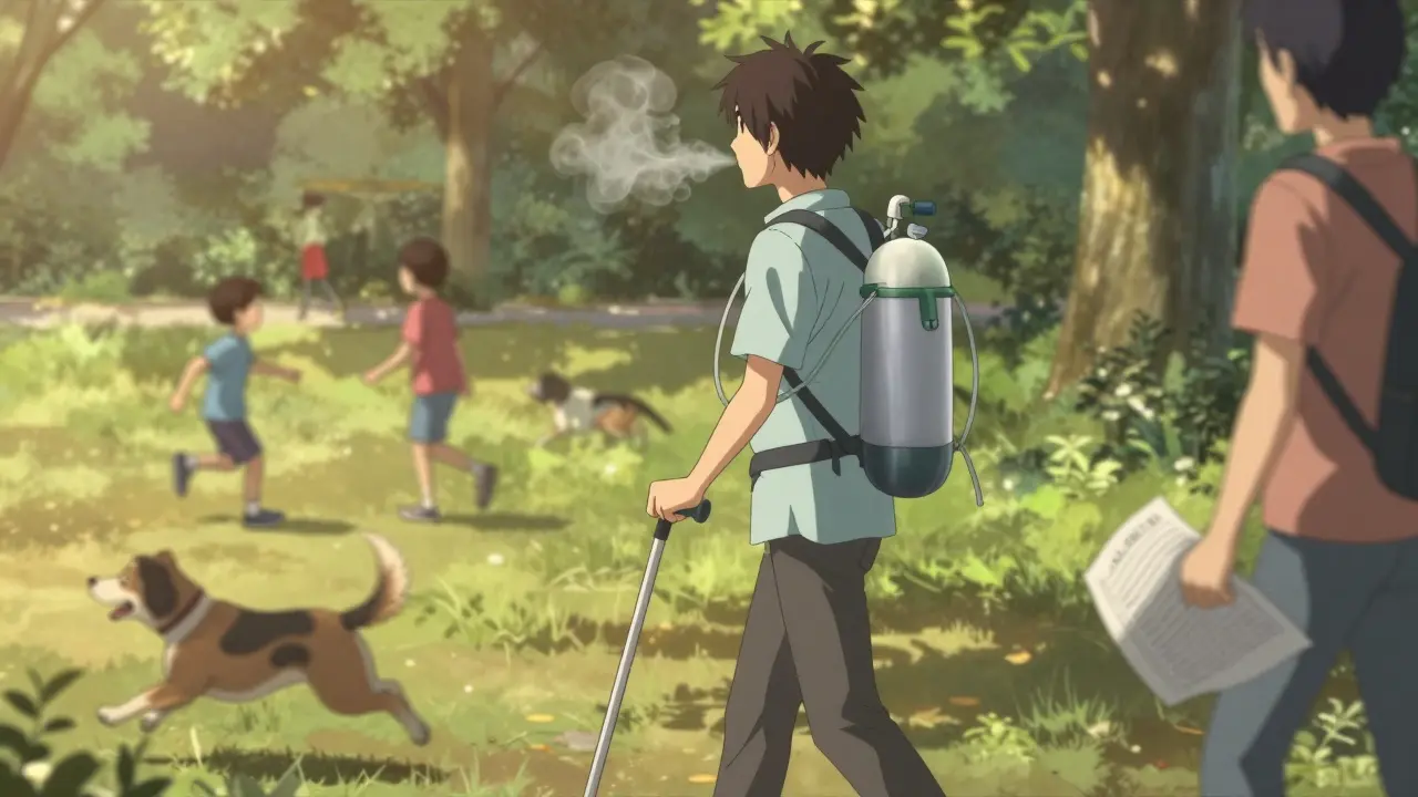 A person walking with an oxygen tank through a park, breath visible in the air, surrounded by blurred motion.