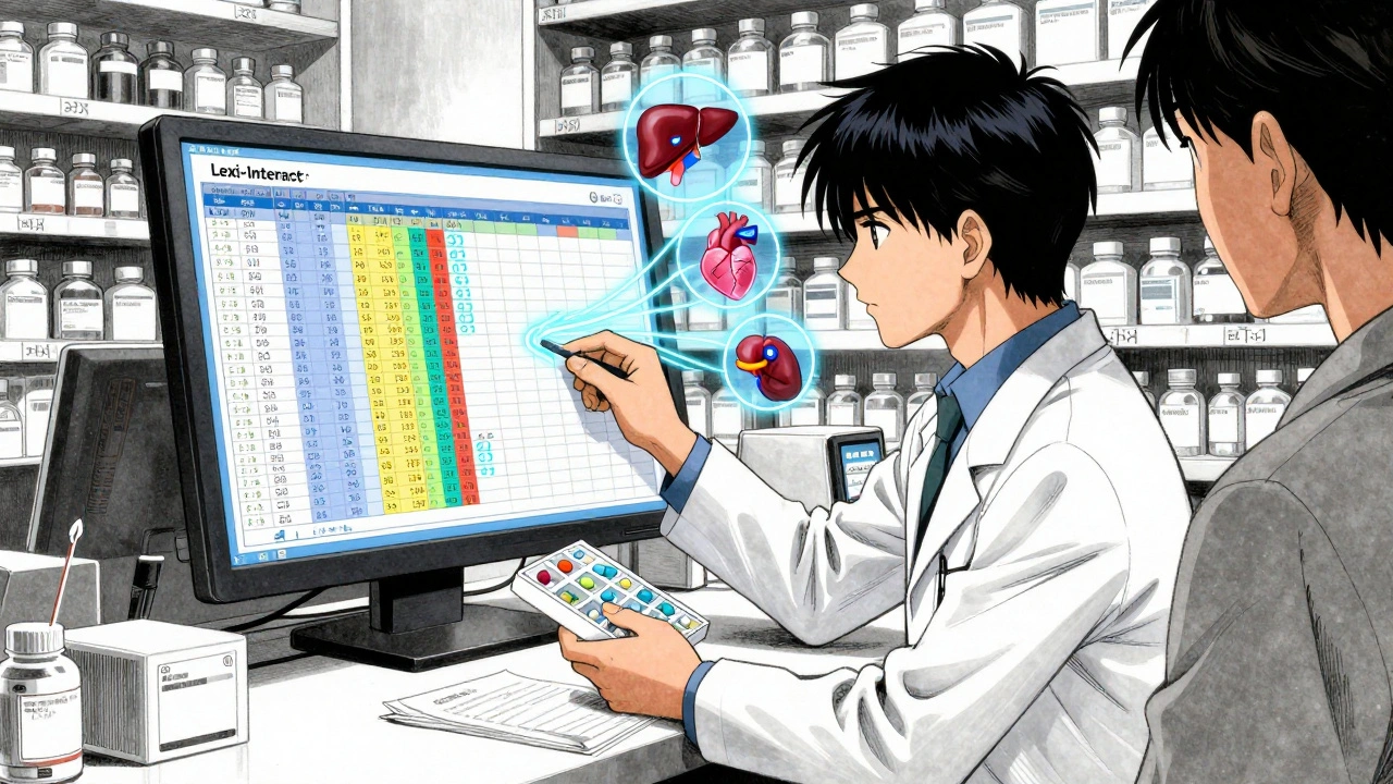 A pharmacist reviews a detailed drug interaction screen at a pharmacy counter, surrounded by medicine bottles.