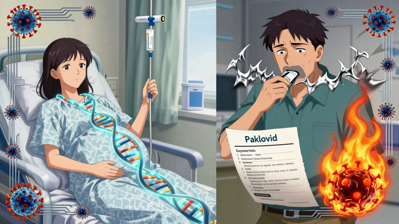 A pregnant woman receiving IV treatment while another man takes pills with metallic taste waves, showing contrasting antiviral options.