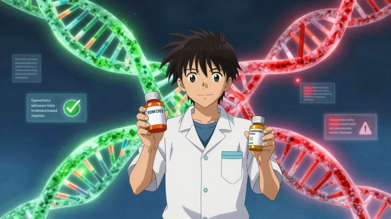 A worker compares pill bottles beside a DNA helix showing personalized drug response pathways.