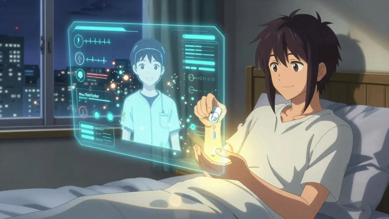 AI-powered titration app displaying real-time biometric data above a patient's bedroom.