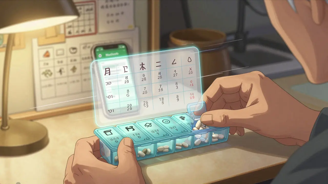 An elderly person's hands organizing pills into a labeled weekly pill organizer under warm kitchen light.