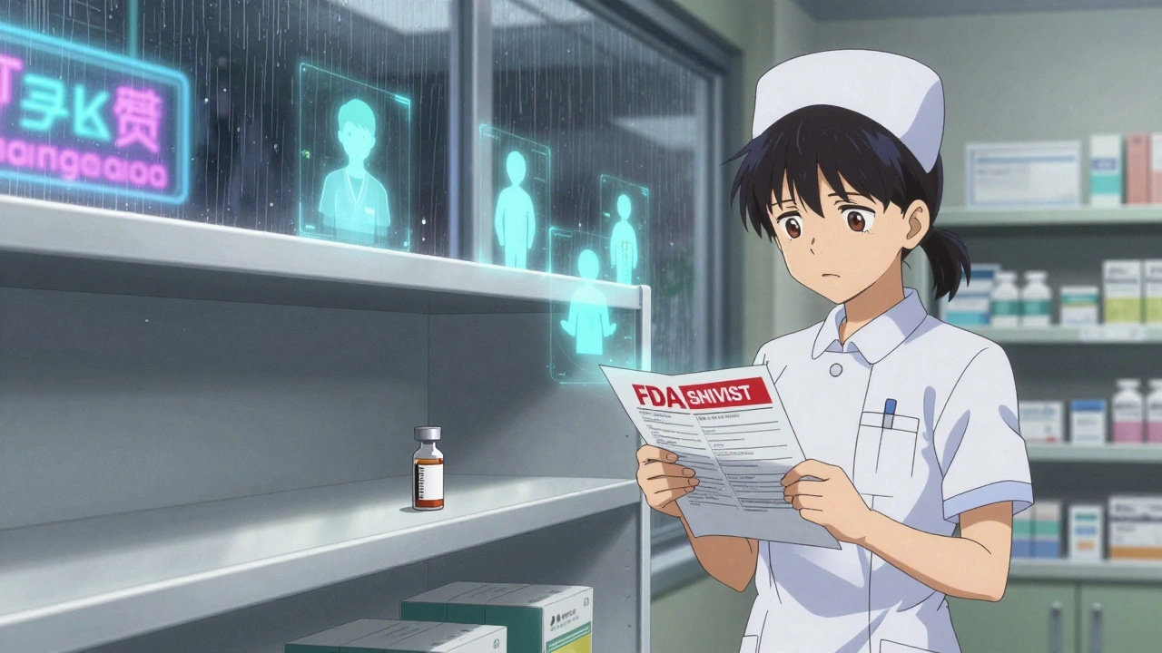 An empty pharmacy shelf with a nurse holding a drug shortage alert, holographic patients fading in the background.