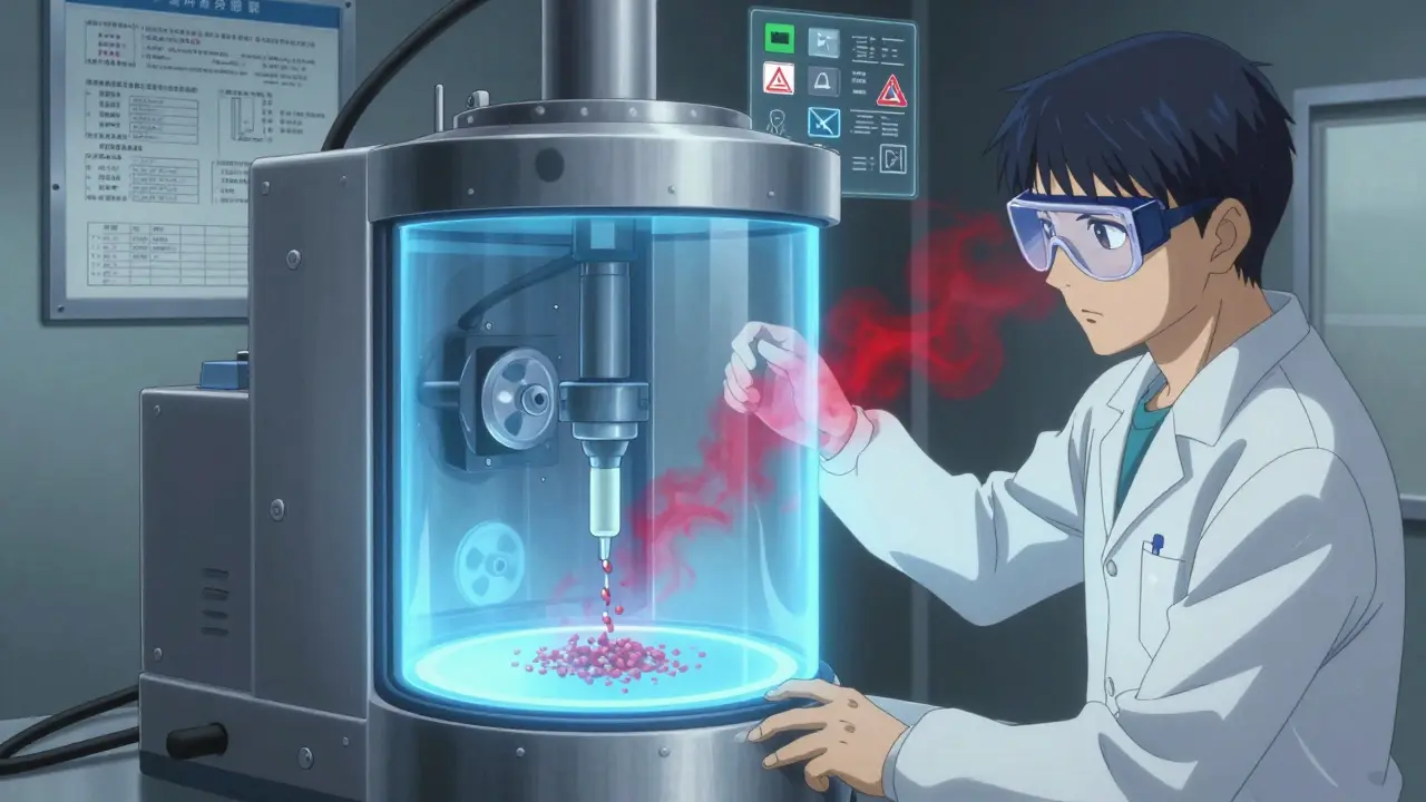 Closed-system crusher safely containing hazardous drug particles during pill crushing.