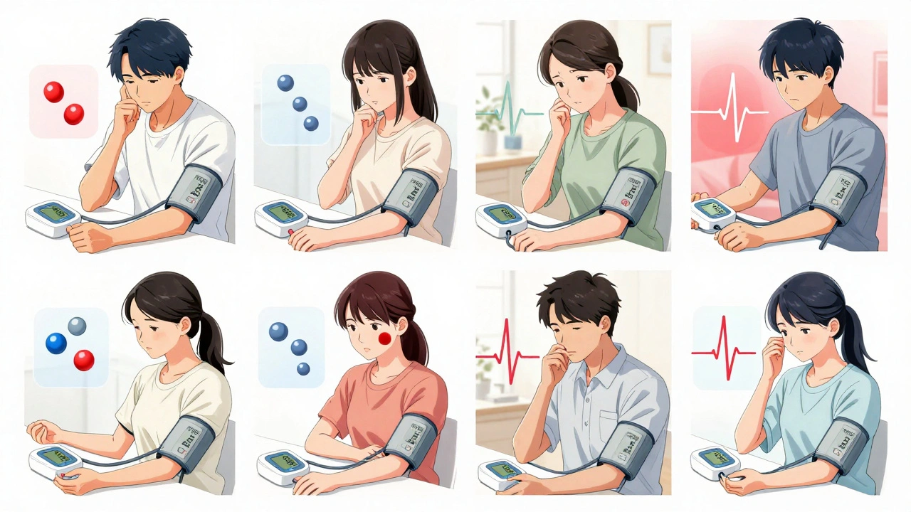 Diverse patients monitoring blood pressure at home, with floating molecular and heartbeat visuals in background.