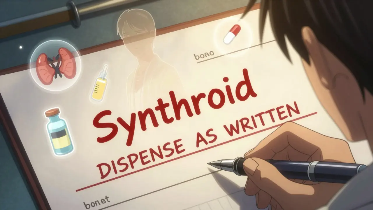 Doctor's prescription with 'Dispense as Written' note beside thyroid, insulin, and seizure medication icons.