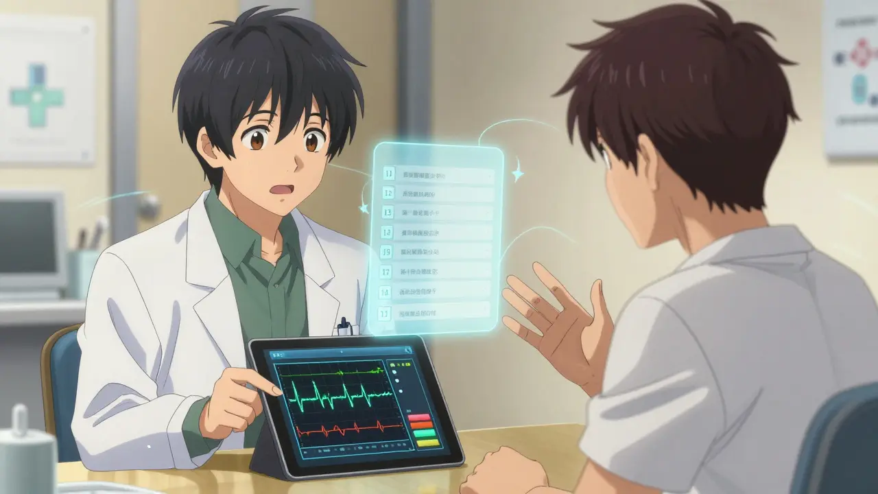 Doctor and patient discussing health data on a tablet with floating checklist in exam room.