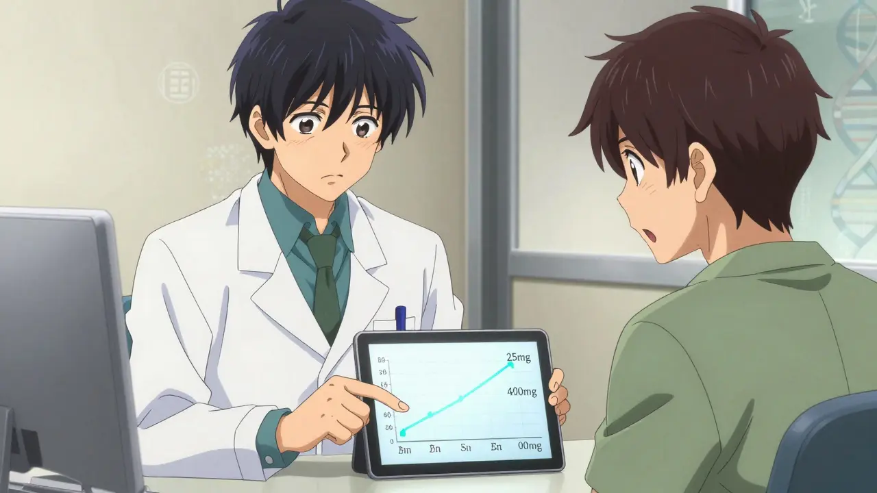 Doctor and patient reviewing weekly dose titration timeline on a tablet in clinic.