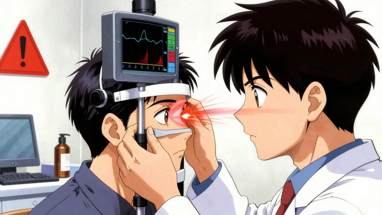 Doctor performing head impulse test with glowing eye movement tracking visuals.