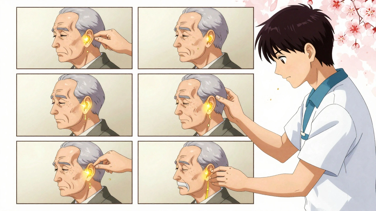 Elderly man undergoing Epley maneuver as calcium crystals move back into place.