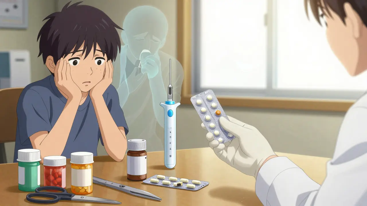 Family hesitating over unsafe pill-splitting tools while a pharmacist offers a safer alternative.