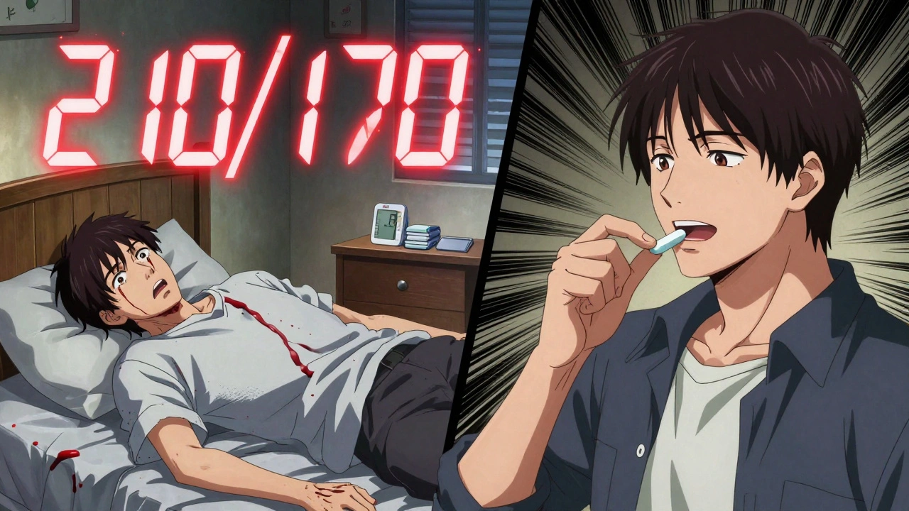 Man collapsing with nosebleed as giant blood pressure numbers loom over him, contrasted with earlier calm moment.