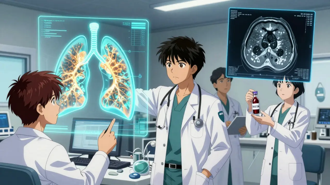 Medical team analyzing a holographic lung scan with AI-detected fibrosis patterns in a high-tech room.