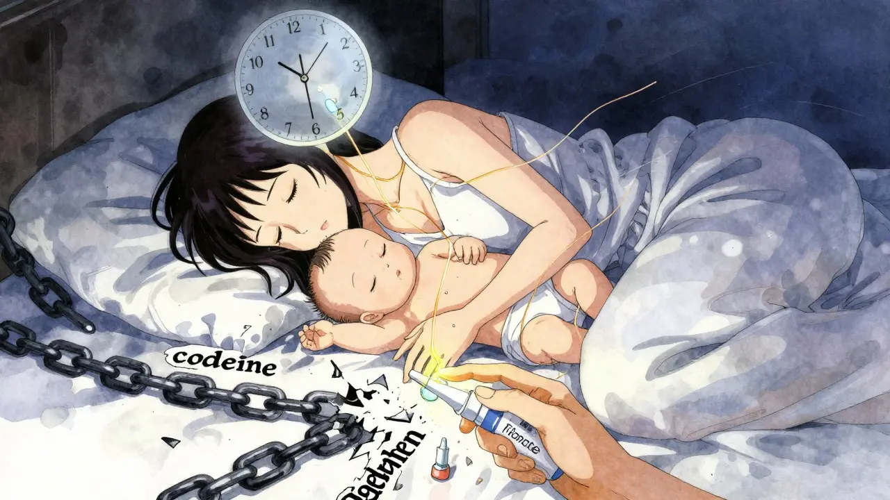 Mother and baby sleeping together with safe drug particles glowing, broken sedative chains on floor.