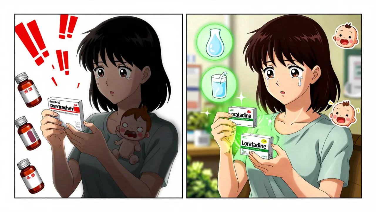 Mother choosing safe allergy meds as dangerous ones crumble around her in manga-style split scene.