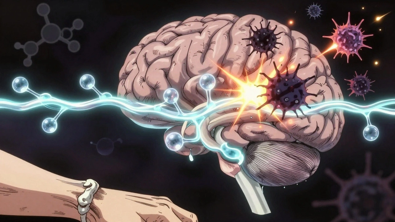 Neural inflammation triggered by TNF inhibitors crossing the blood-brain barrier, shown as shadowy immune cells sparking in the brain.