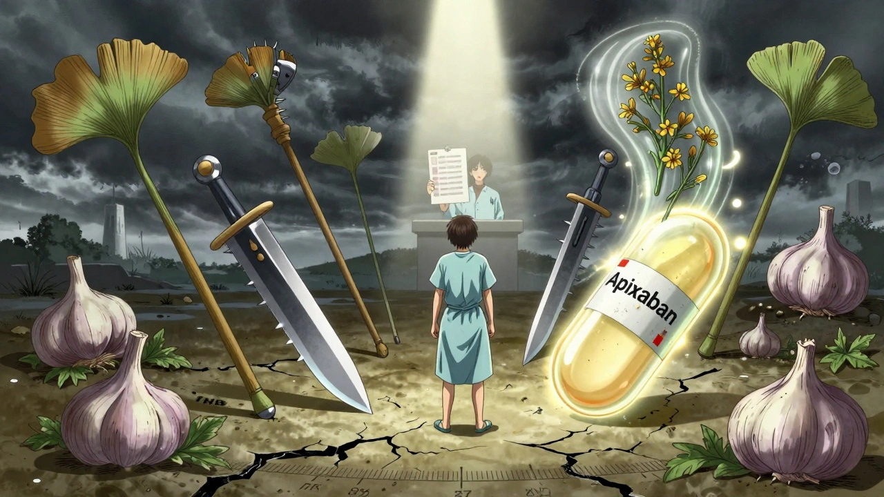 Patient battles weaponized herbs attacking a blood thinner tablet, with pharmacist holding safety checklist in distance.